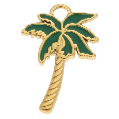Palm tree pendant 25x17 mm with epoxy resin - 304 Gold stainless steel - Green x1