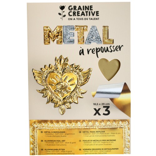 Pack of 3 metal embossing sheets - Graine creative - gold and silver x1