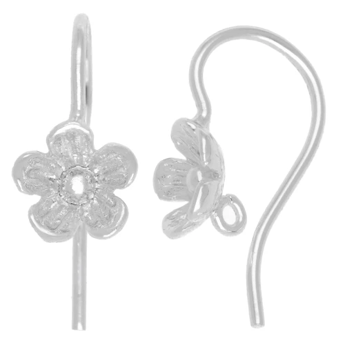 Flower ear hooks 14 mm with open ring - Fine silver plated x2