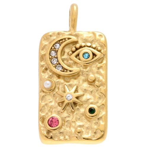 Rectangle pendant 28x13mm rhinestone symbols - 304 Gold stainless steel - Multicolor