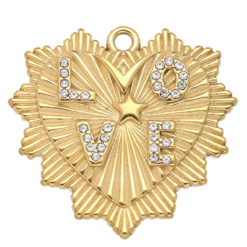 Heart pendant 29x30 mm Love pattern with rhinestones - 304L Gold stainless steel x1