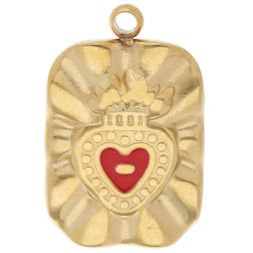 Pendant rectangle 18x11 mm Heart Ex-voto epoxy - Stainless steel 304L Gilded - Red