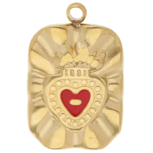 Pendant rectangle 18x11 mm Heart Ex-voto epoxy - Stainless steel 304L Gilded - Red