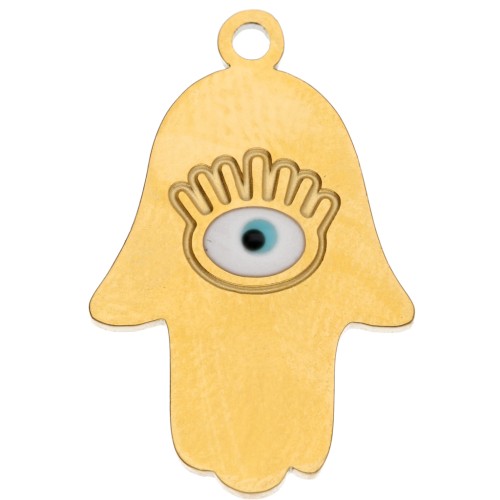 Pendant Fatma's hand 21.5x14 mm with epoxy eye - Stainless steel 304L Gilded - Blue