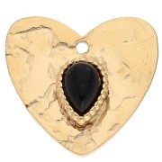 Hammered heart pendant 17x18 mm - glass cabochon 304 stainless steel, gold-plated - Black x1|raw }}