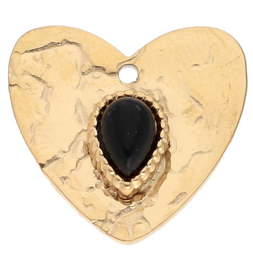 Hammered heart pendant 17x18 mm - glass cabochon 304 stainless steel, gold-plated - Black x1