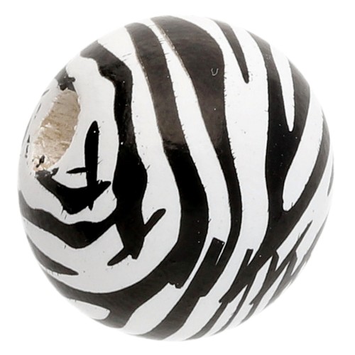 Round wooden beads 16 mm - Zebra pattern - White - Black x10