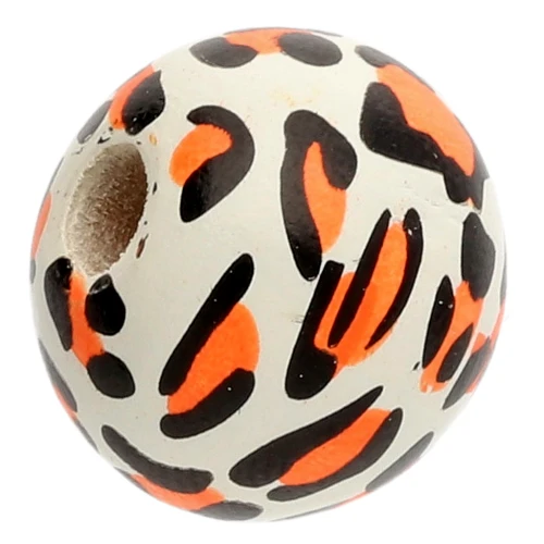 Round wooden beads 16 mm - Leopard pattern - White - orange - black x10