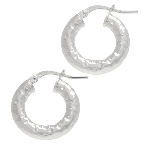 Hammered round hoop earrings 18 mm - Wire 4 mm - 925 Sterling Silver x2