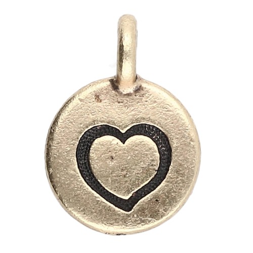 Round charm 12 mm - heart pattern - Bronze x1