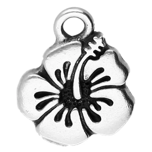 Hibiscus flower charm 17x14 mm - Antique fine silver plated x1