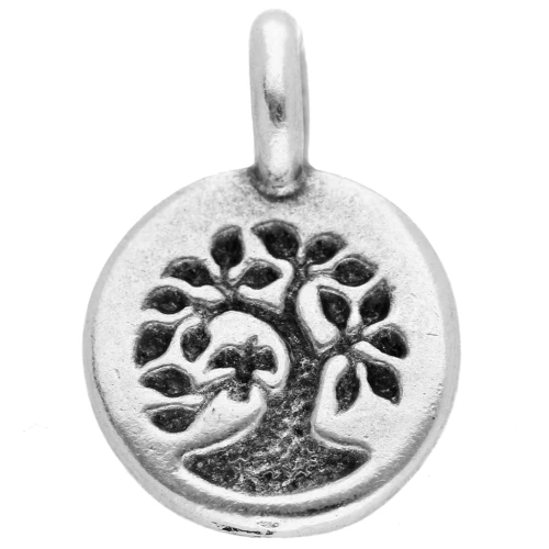 Round charm 12 mm - Tree of life pattern - Antique fine silver plated x1
