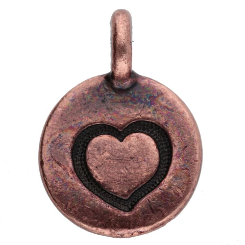 Round charm 12 mm - heart pattern - Aged copper x1