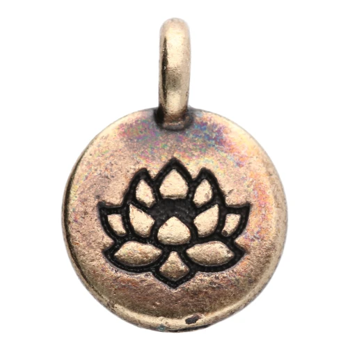 Round charm 12 mm - lotus flower pattern - Bronze x1