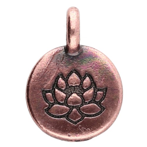 Round charm 12 mm - lotus flower pattern - Aged copper x1