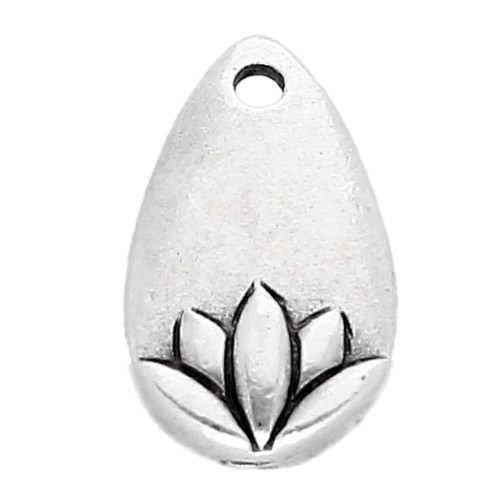 Drop charm 13x8 mm - lotus flower pattern - Antique fine silver plated x1