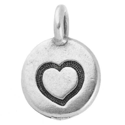 Round charm 12 mm - heart pattern - Antique fine silver plated x1