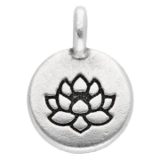 Breloque ronde 12 mm - motif fleur de lotus - Placage Argent fin vieilli x1