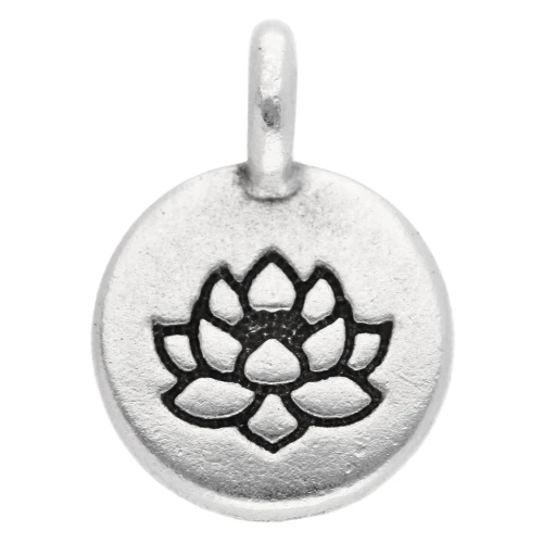 Round charm 12 mm - lotus flower pattern - Antique fine silver plated x1