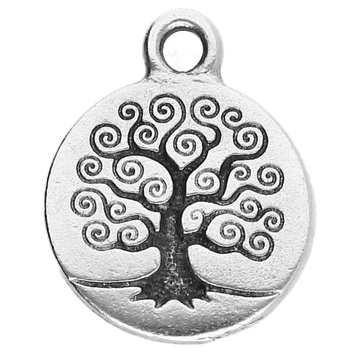 Round charm 15.5 mm - Tree of life pattern - Antique fine silver plated x1