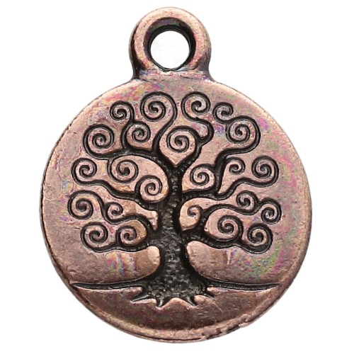 15.5 mm round charm - Tree of life pattern - Aged copper x1