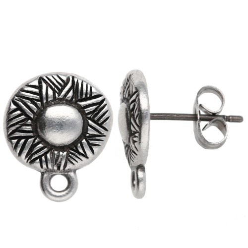 Round irregular ethnic earstuds 12 mm - Antique fine silver plated x2