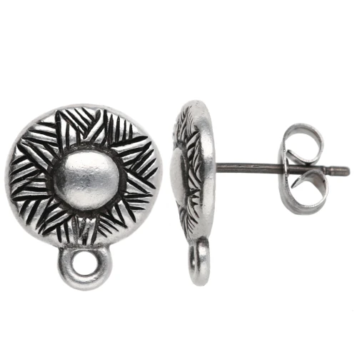 Round irregular ethnic earstuds 12 mm - Antique fine silver plated x2