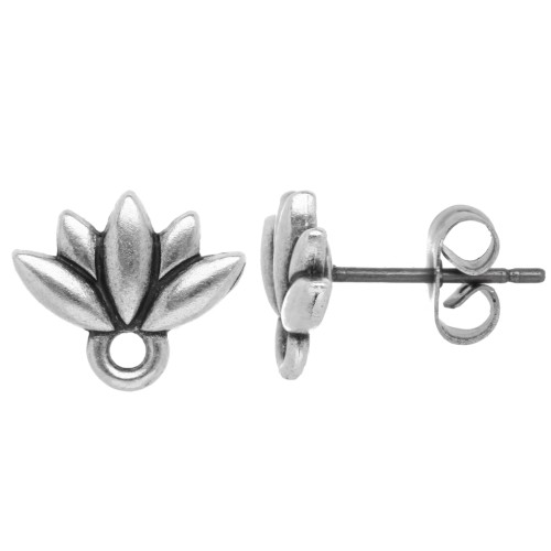Lotus flower earstuds 10x11 mm - Antique fine silver plated x2