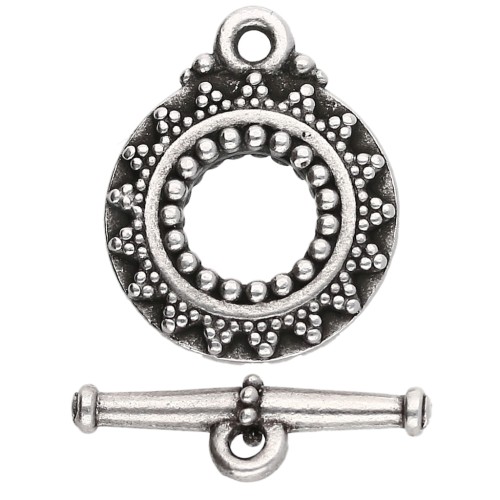 Round T clasp 16.5 mm - ethnic pattern - Antique fine silver plated x1