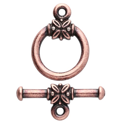 Round T clasp 16 mm - flower pattern - Aged copper x1