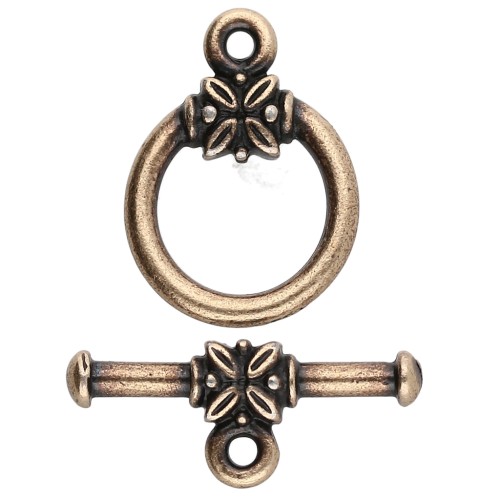 Round T clasp 16 mm - flower pattern - Bronze x1
