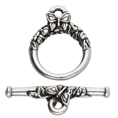 15 mm round T clasp - butterfly pattern - Antique fine silver plated x1