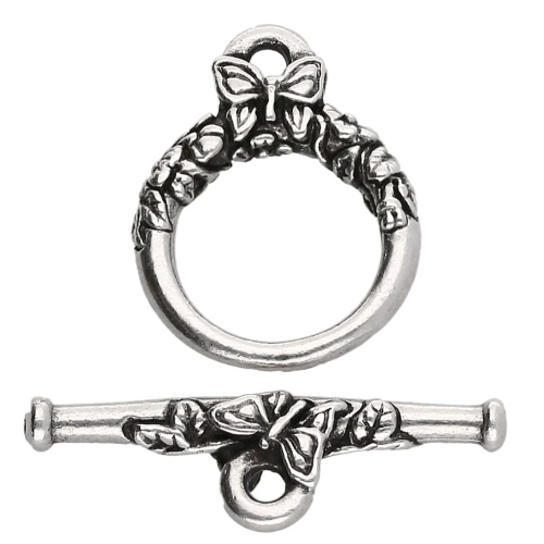 15 mm round T clasp - butterfly pattern - Antique fine silver plated x1