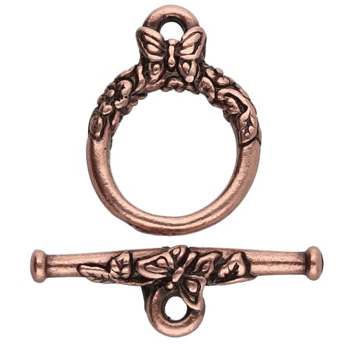 15 mm round T clasp - butterfly pattern - Aged copper x1