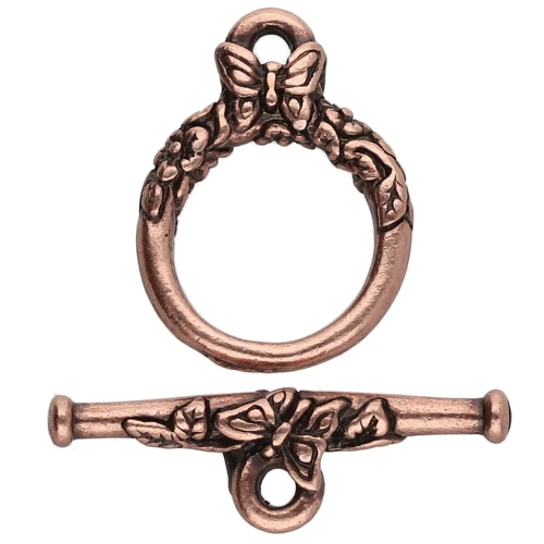 15 mm round T clasp - butterfly pattern - Aged copper x1