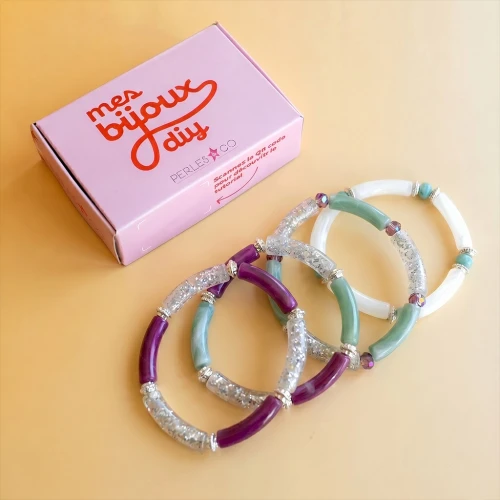 Mes bijoux DIY - Kit of 4 elastic bracelets with tube beads Silver Version