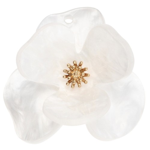 Relief flower pendants 40 mm Acrylic Stainless steel Gold White marbled x2