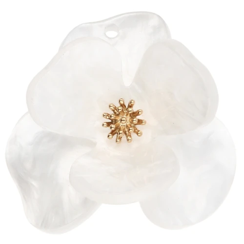 Relief flower pendants 40 mm Acrylic Stainless steel Gold White marbled x2