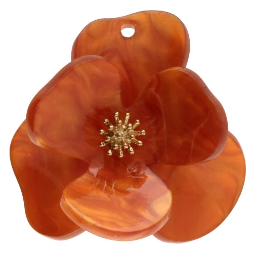 Relief flower pendants 40 mm in Acrylic Stainless steel Gold Orange marbled x2