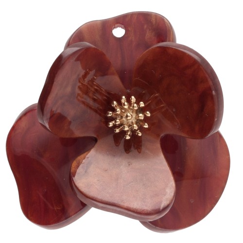 Relief flower pendants 40 mm Acrylic Stainless steel Gold Brown marbled x2