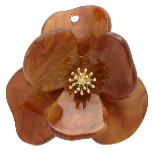 Relief flower pendants 40 mm Acrylic Stainless steel Gold Brown marbled x2