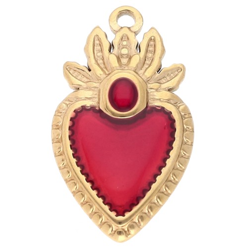 Ex-voto heart pendant 28x16 mm epoxy resin 304 stainless steel Gold - Red x1