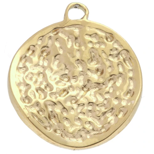 Round irregular hammered pendant 16 mm - 304 Gold stainless steel x1