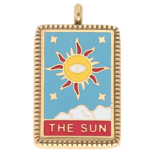 Tarot card pendant 26x15 mm Le Soleil Epoxy resin 304 stainless steel Gold Blue x1