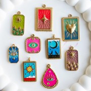 Tarot card pendant 26x15 mm Le Soleil Epoxy resin 304 stainless steel Gold Blue x1