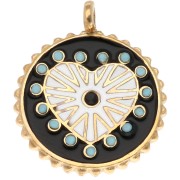 Round reversible pendant 18 mm epoxy resin & rhinestones - 304 gold stainless steel x1