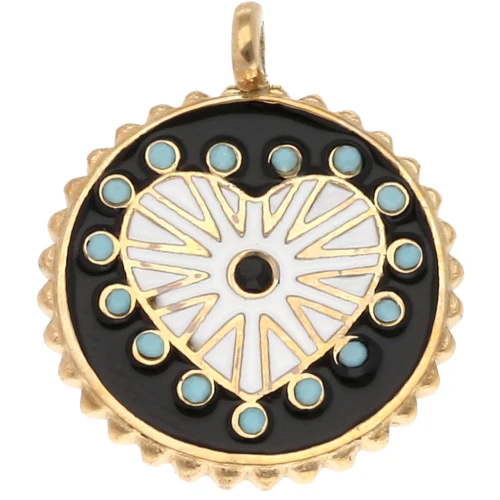 Round reversible pendant 18 mm epoxy resin & rhinestones - 304 gold stainless steel x1