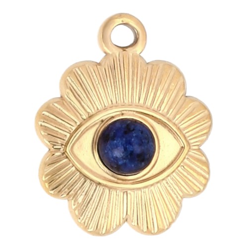 Flower charm 13 mm eye pattern & glass cabochon 4 mm Stainless steel 304 Gold x1