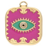 Rectangle pendant Eye 20x16mm Epoxy resin Stainless steel 304 Gold Fuchsia x1
