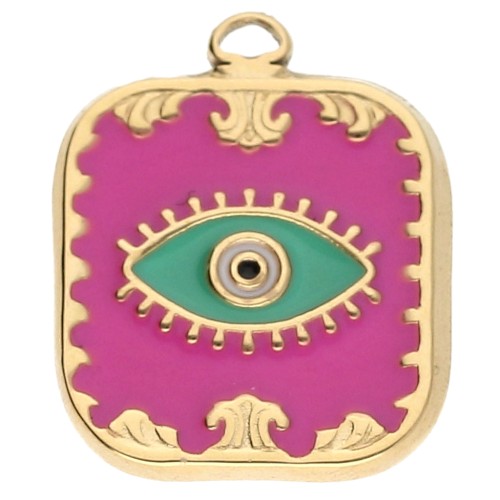 Rectangle pendant Eye 20x16mm Epoxy resin Stainless steel 304 Gold Fuchsia x1